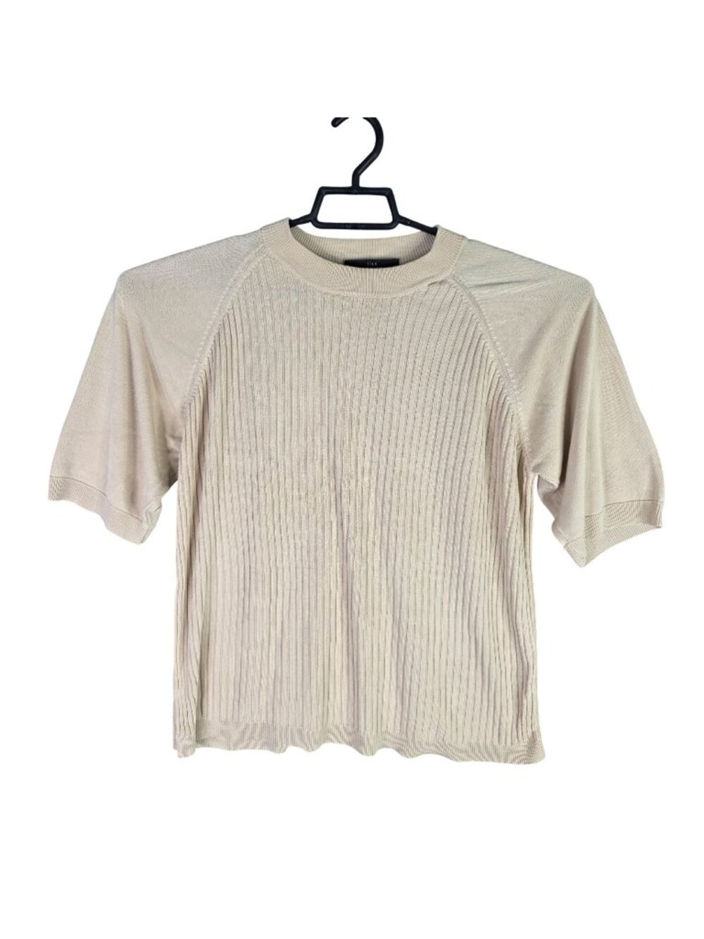 Mens Murano 100% Silk Beige Ribbed Knit Sweater Top Short Sleeve Size L